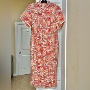 Pastel Pink Coral Sequin Traditional Chinese Long Dress Qipao Cheongsam Zansae